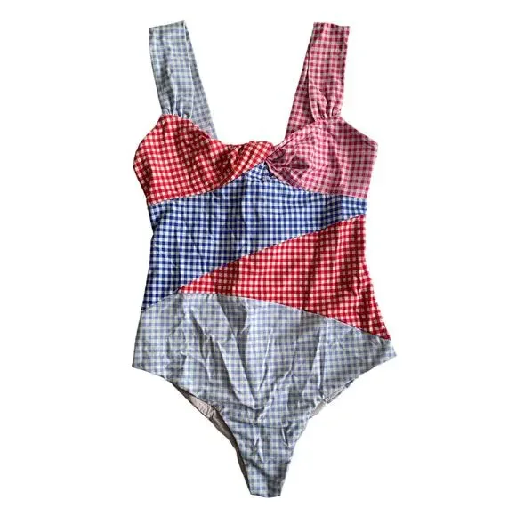 Marysia Sagaponack Multi Gingham Check Red Blue Twist Front One Piece Swimsuit - Picture 3 of 7